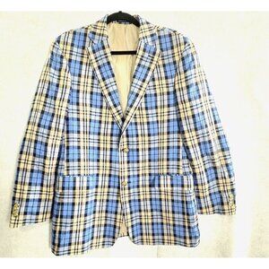 PAUL FREDRICK Men Blazer Plaid Linen 2 Button Shoulder Pads Sz 40R Blue H-H